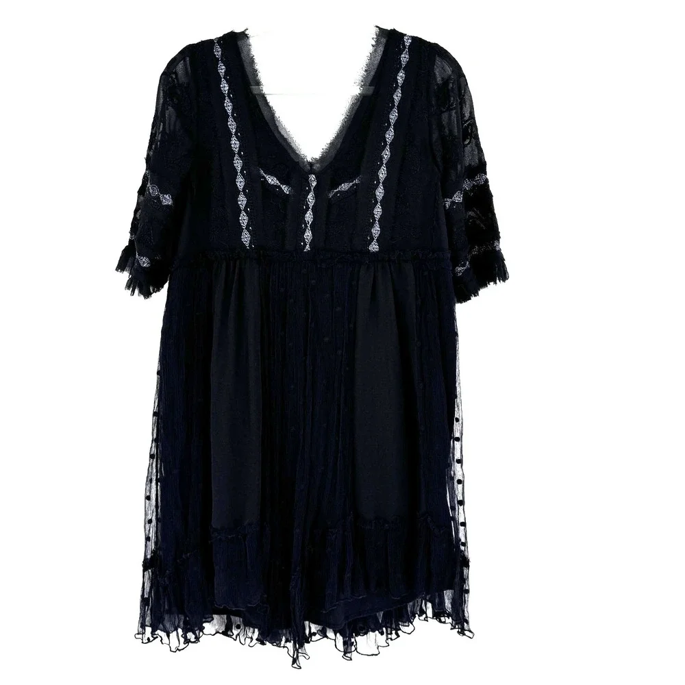 Free People Whimsygoth Mini Dress Women's Small Black Lace Sheer Boho Witchy - Picture 10 of 12